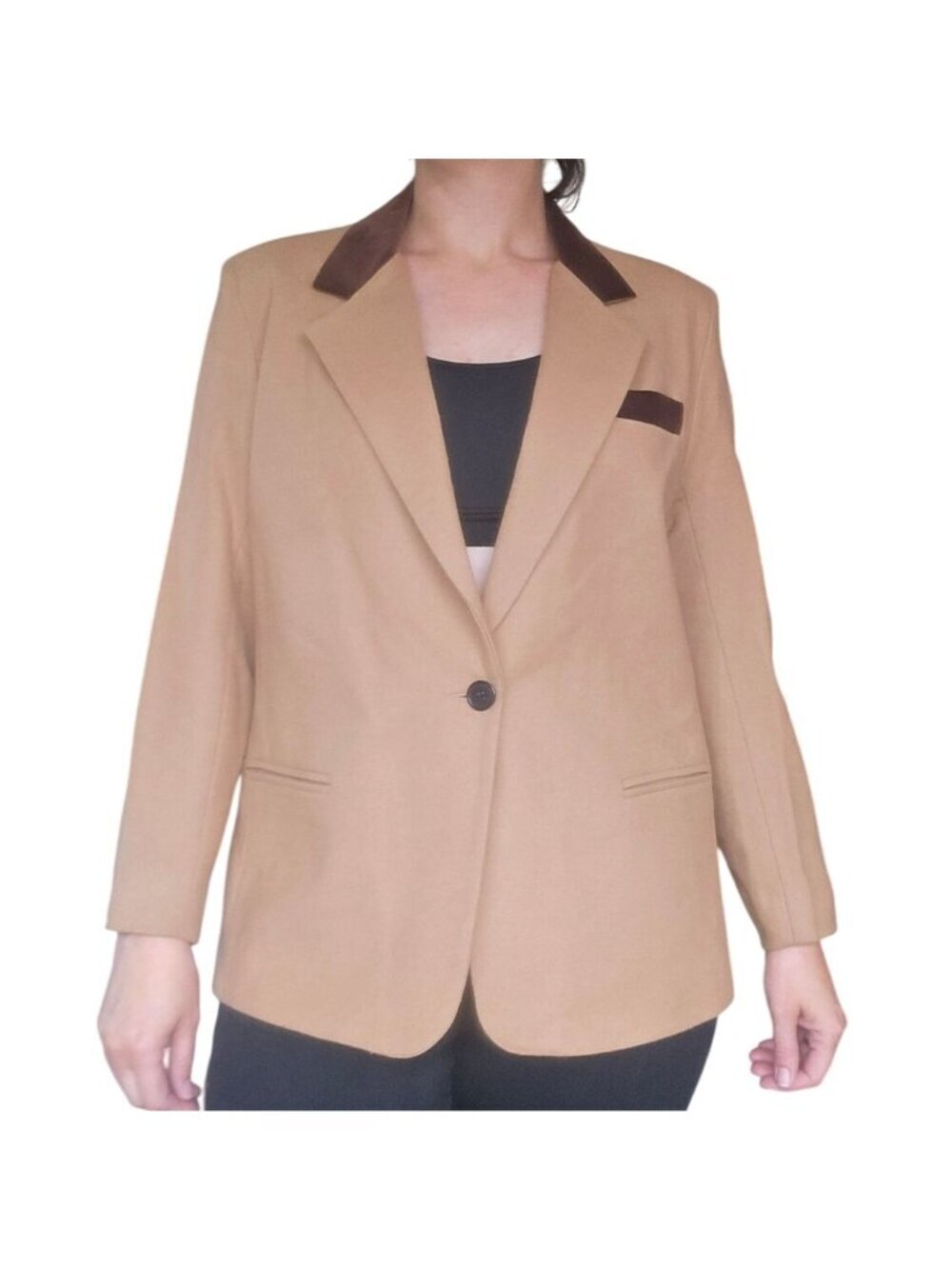 Vintage 80s 90s Dumas Beige Brown Velvet Trim Wool Blazer Women's Size 14 Fall